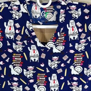 GT Performance Navy Blue Smart Nerd Animals Print Scrub Top V-Neck Small